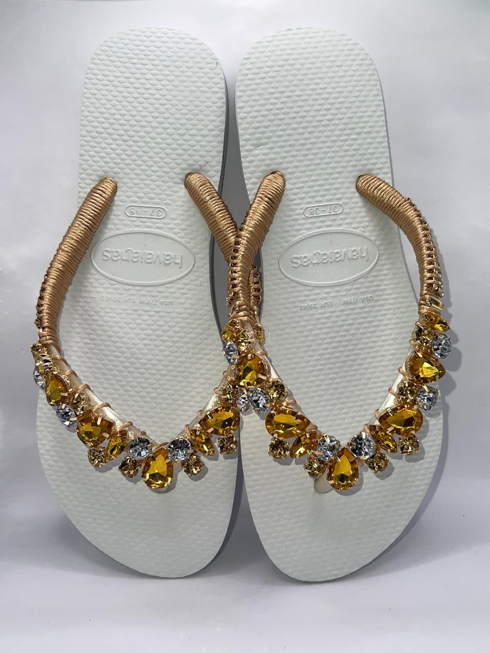 Diamond White Flip Flop Custon Slim with gold Crystal Details