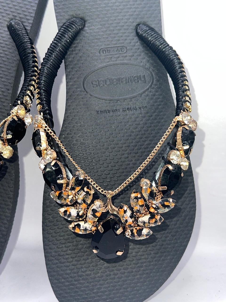 Diamond Black Flip Flop Custon Slim with  black and gold Crystal Details