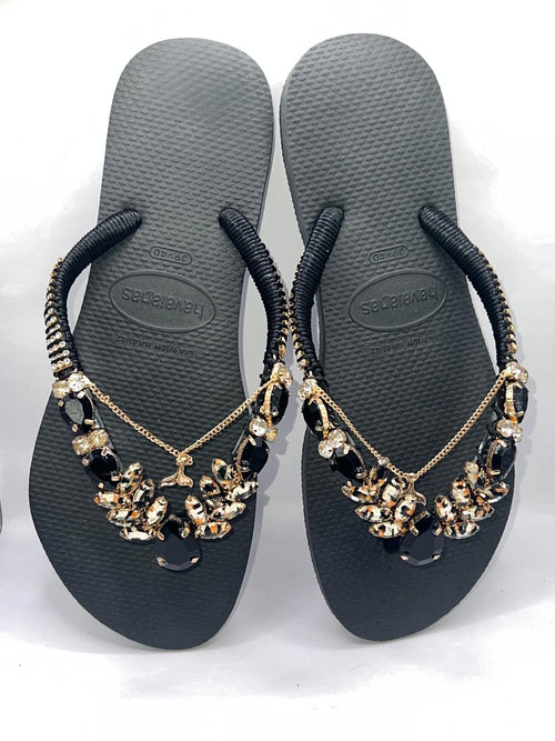 Diamond Black Flip Flop Custon Slim with  black and gold Crystal Details