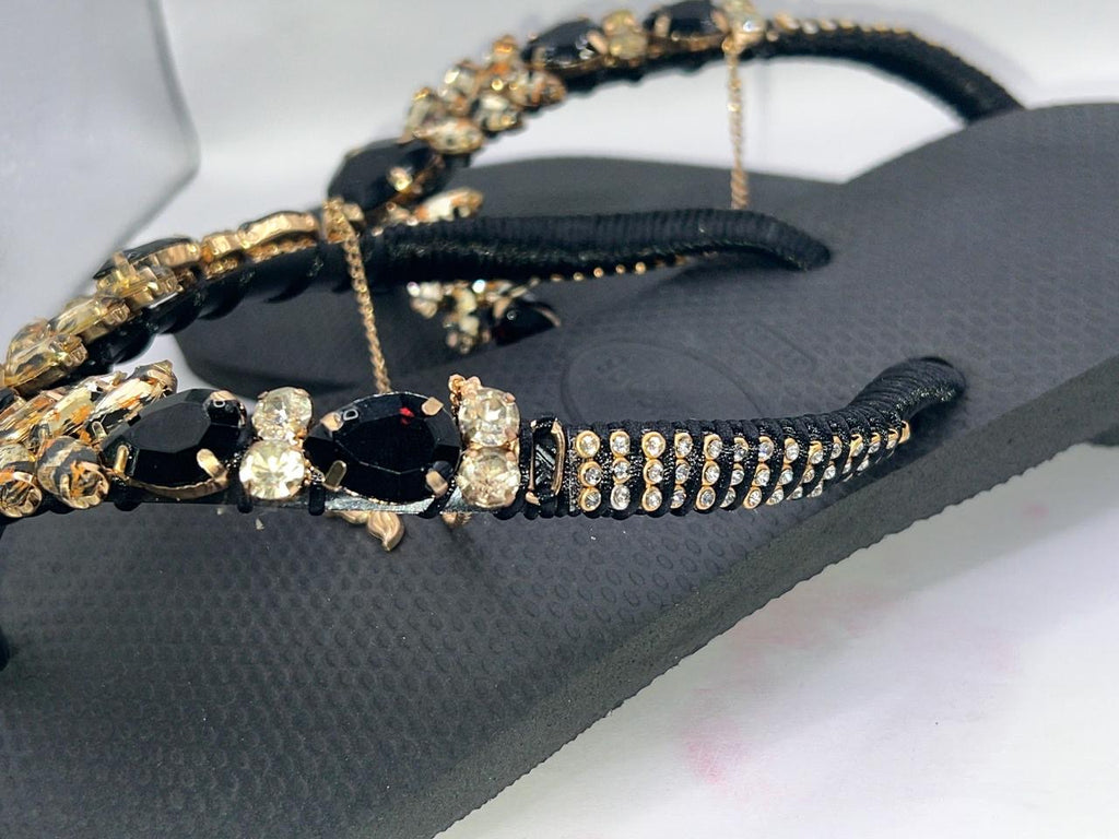 Diamond Black Flip Flop Custon Slim with  black and gold Crystal Details