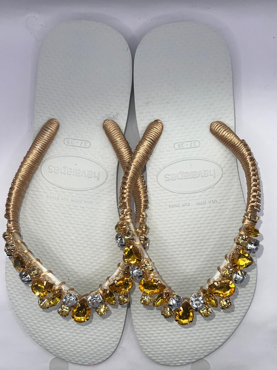 Diamond White Flip Flop Custon Slim with gold Crystal Details