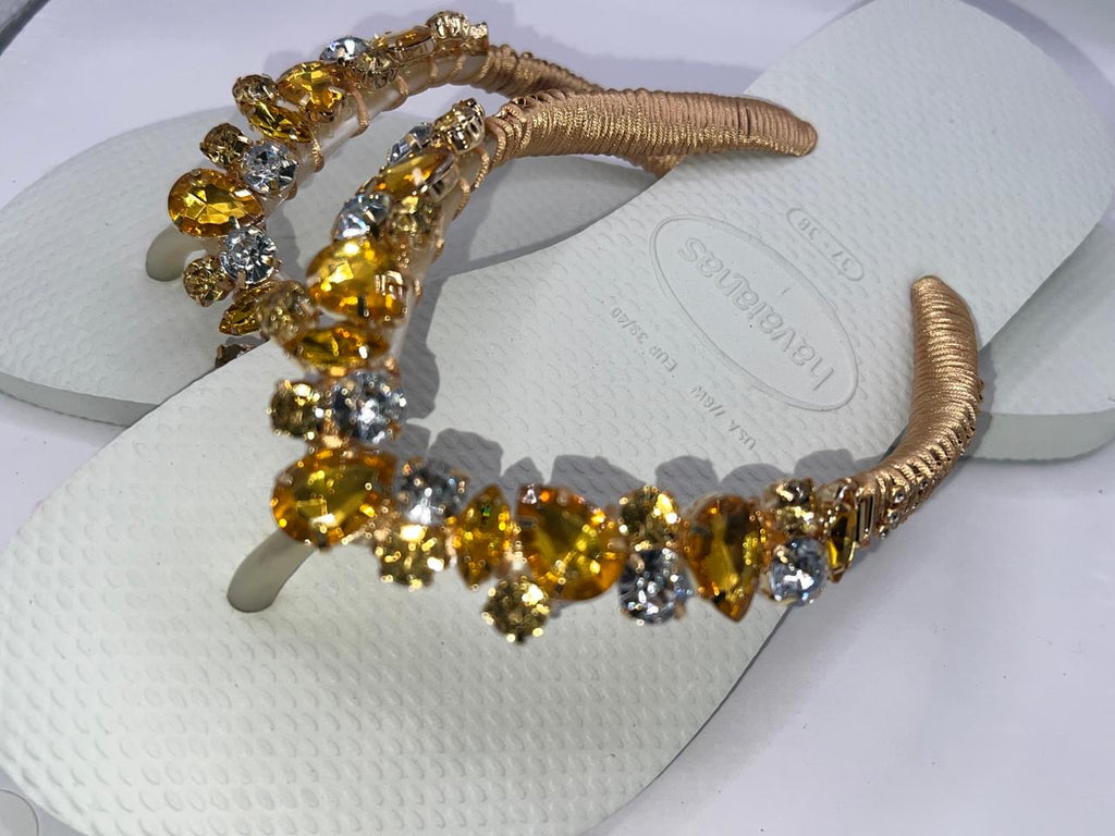 Diamond White Flip Flop Custon Slim with gold Crystal Details
