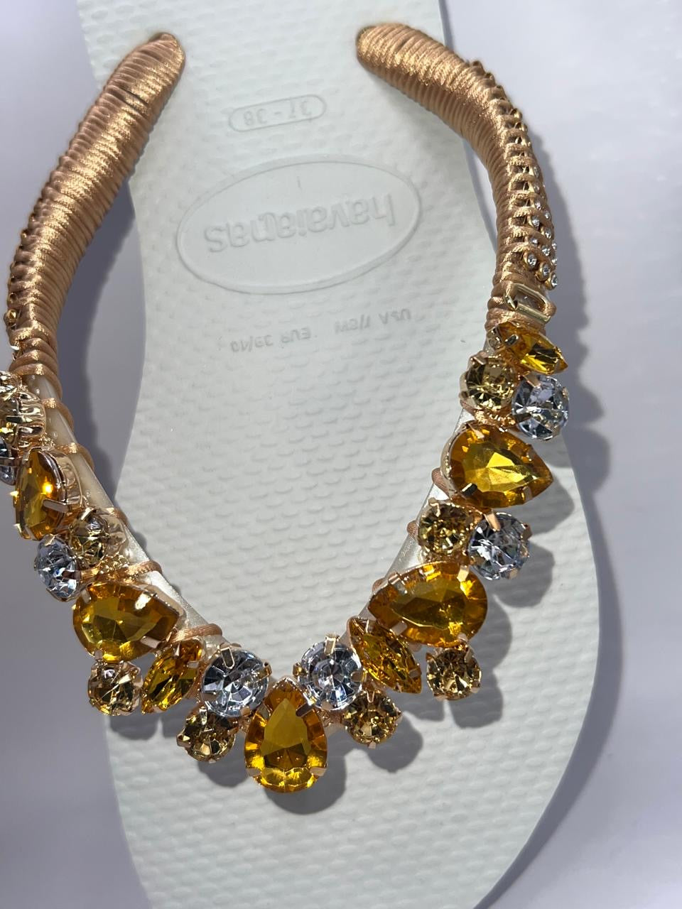 Diamond White Flip Flop Custon Slim with gold Crystal Details