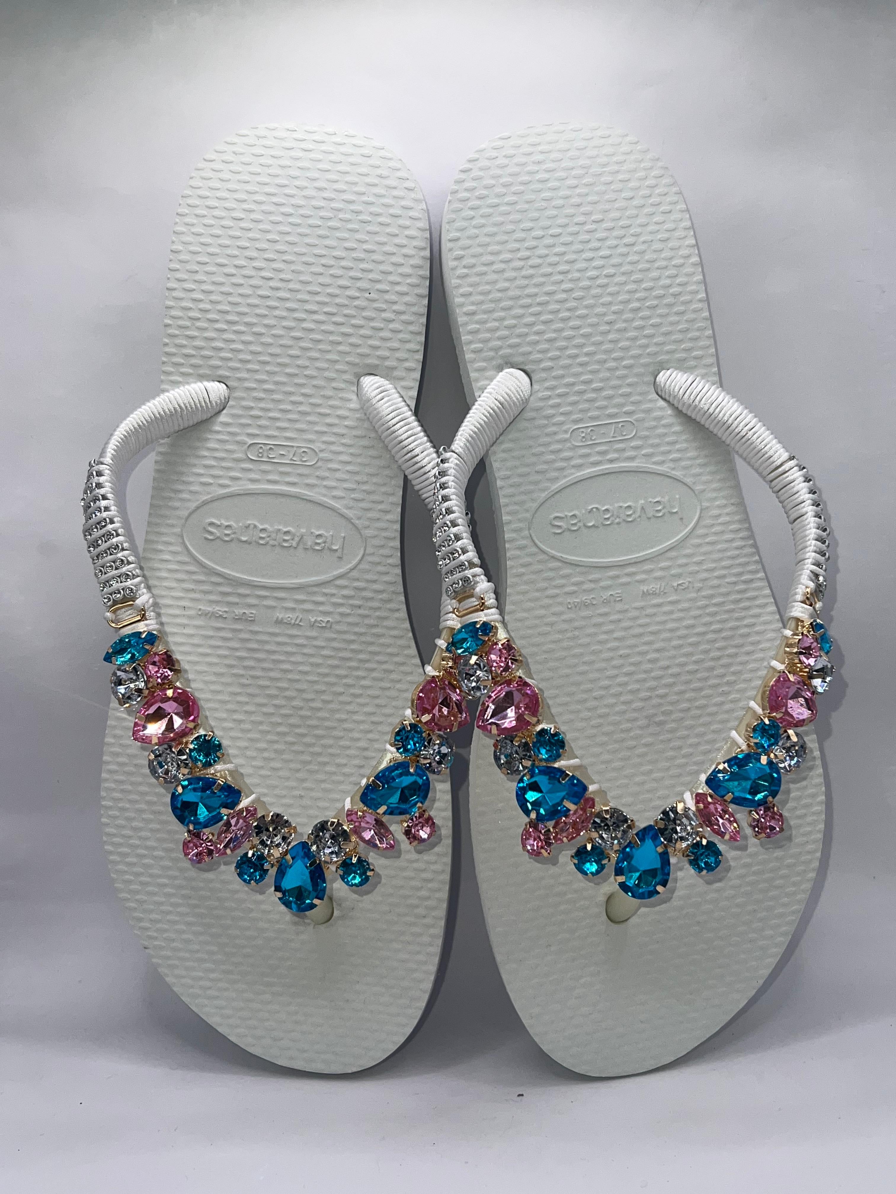Diamond Flip Flop with crystal charm White