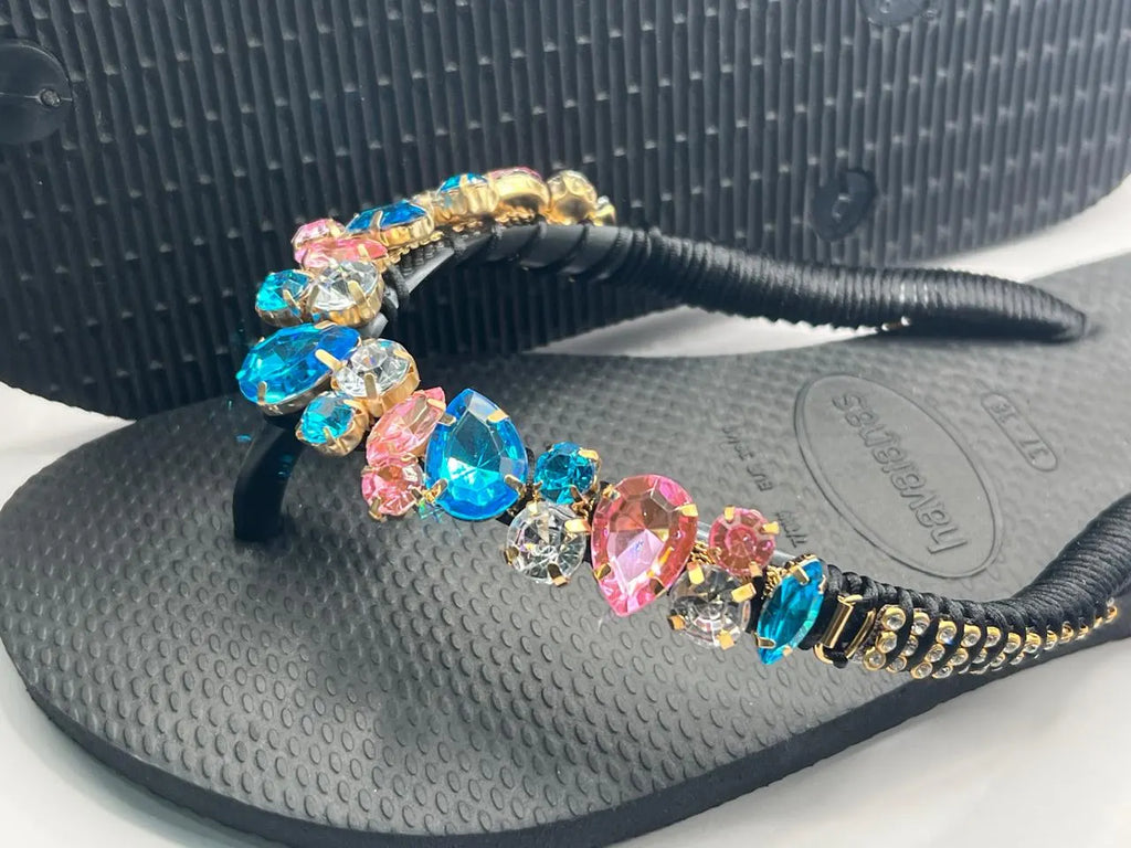 Diamond Flip Flop Black Custon Slim with Crystal Details  stones Pink